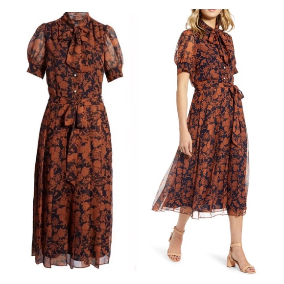 1901 Dresses & Skirts - 1901 Floral Print Pearl Button Pleated Chiffon Midi Dress L